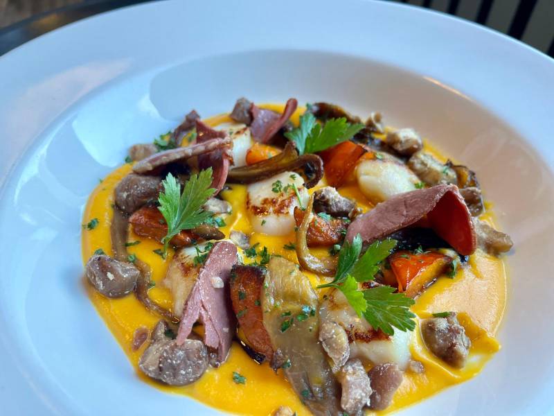 PREMIERES COQUILLES SAINT-JACQUES SNACKEES, POTIMARRON, CHAMPIGNONS,  NOISETTES ET CANARD FUME